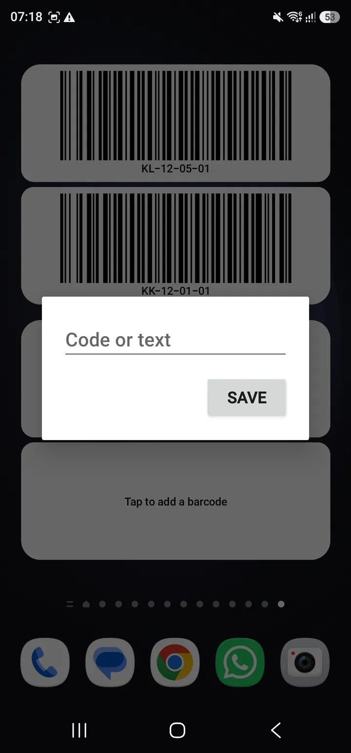 Barcode Widget input dialog prompting for a code or text value with a save button.