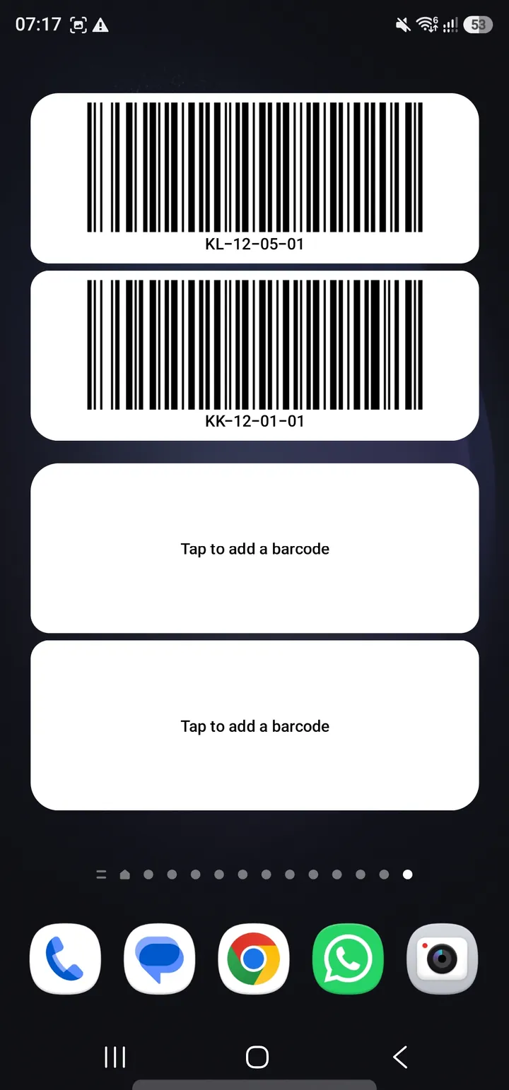 Android home screen showing Barcode Widget with two saved barcodes and two empty barcode slots.