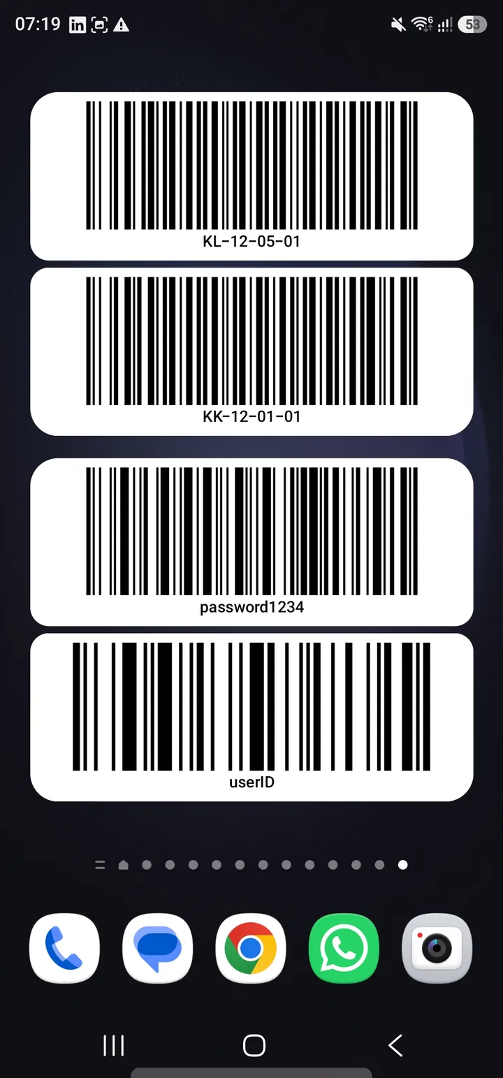 Android home screen displaying two Barcode Widget widgets, each with two barcode tiles.