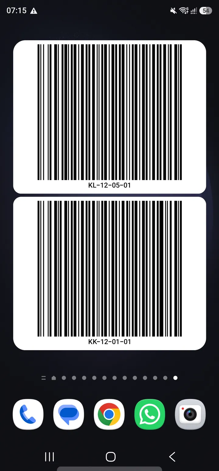 Android home screen displaying two large Barcode Widget barcode tiles.
