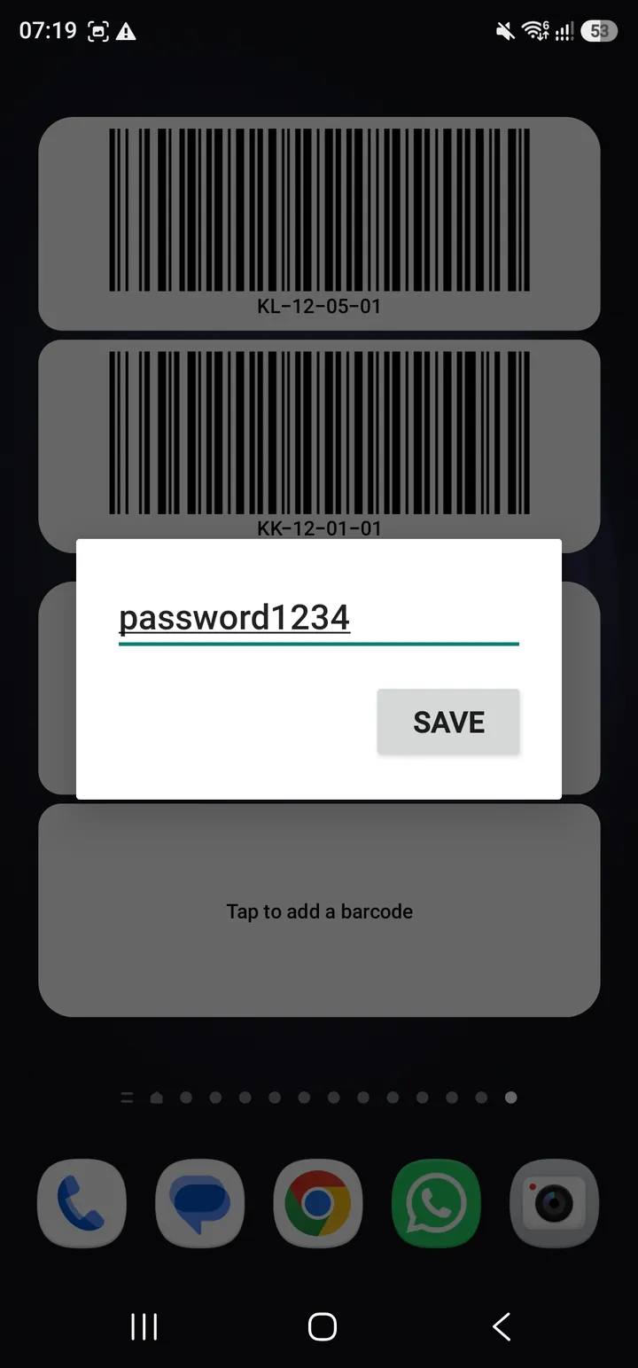 Barcode Widget input dialog with a custom value entered before saving.