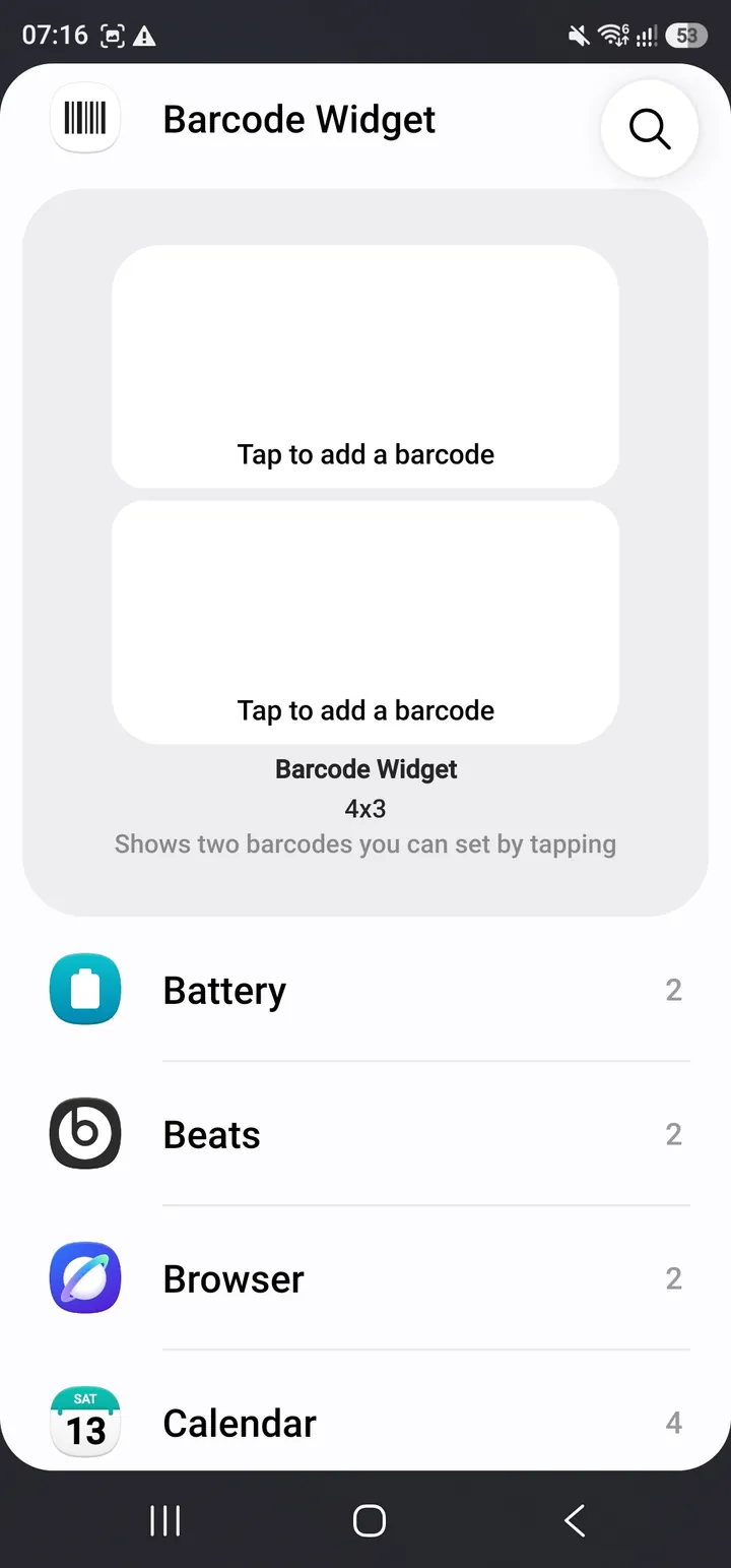 Android widget picker showing the Barcode Widget preview with two empty barcode slots.