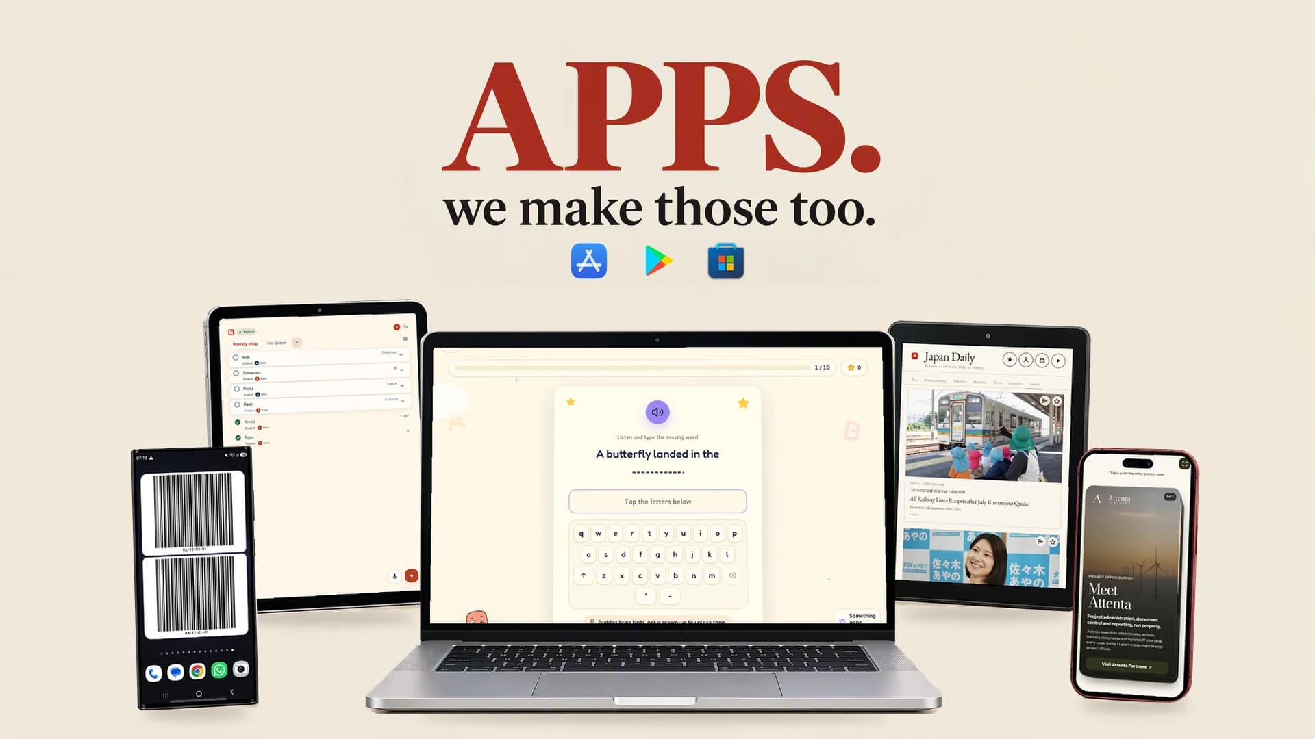 “APPS.” and “we make those too.” above a laptop, phones and tablets showing Spellito, Konbi, Barcode Widget, Company Share Deck and Japan Daily, with App Store, Google Play and Microsoft Store icons.