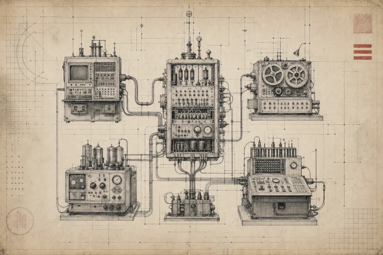 A realistic connected-machine engineering schematic used as the capability plate.