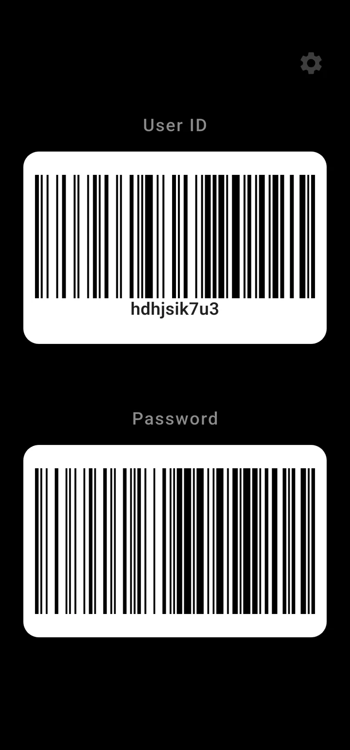 Scan Login barcode display screen with user and password barcode cards.