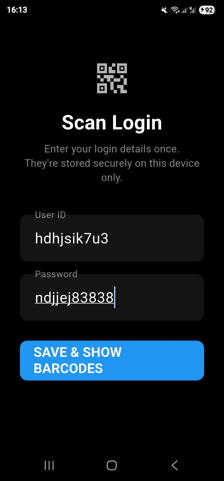 Scan Login setup screen with login values entered on an Android device.