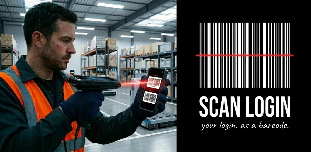 Scan Login Google Play Store feature graphic showing a worker scanning login barcodes from a phone.