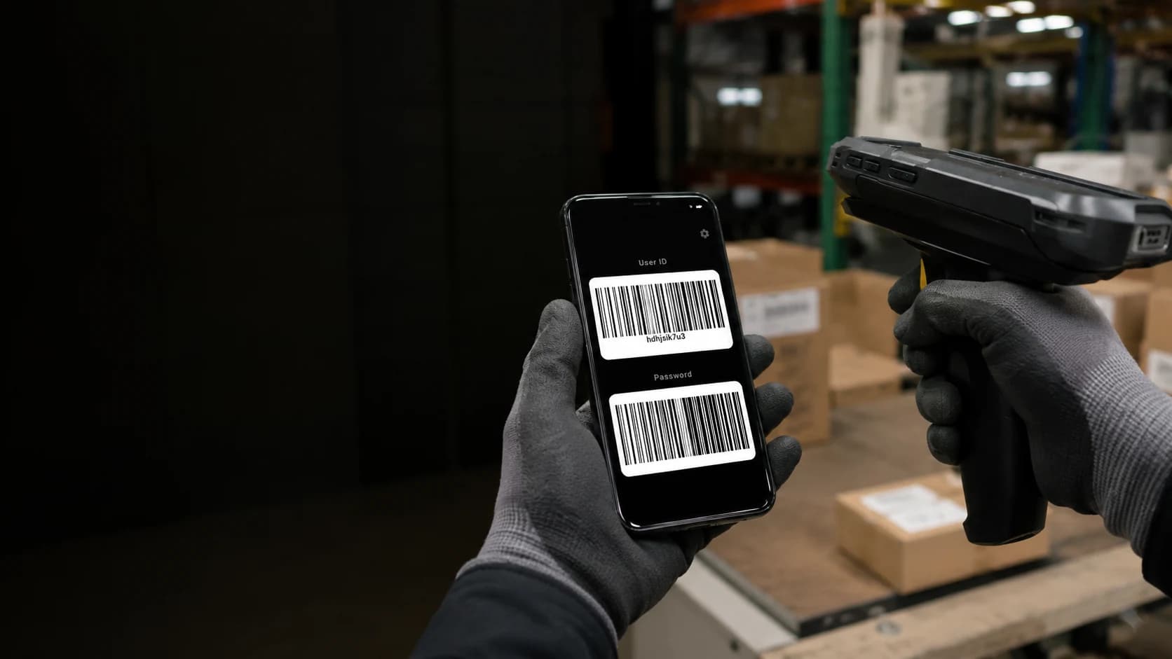 Gloved warehouse hands holding the Scan Login barcode screen on an Android phone beside a TC51-style handheld scanner.