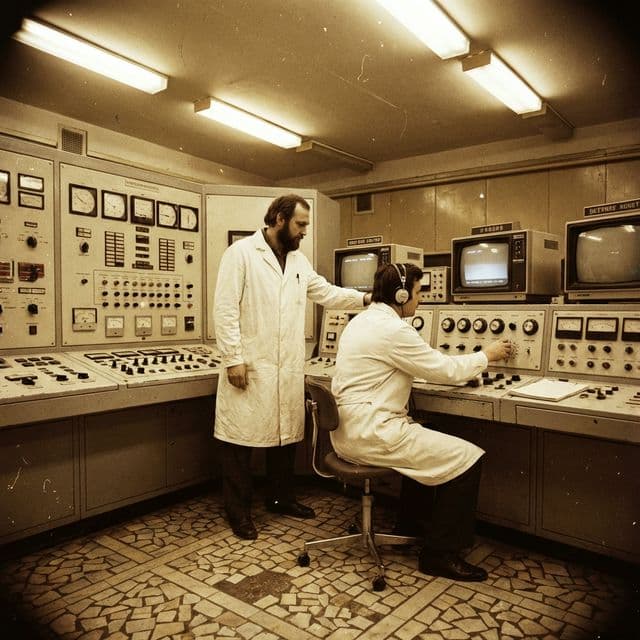Scientists in white lab coats working at a retro control room console - circa 1978