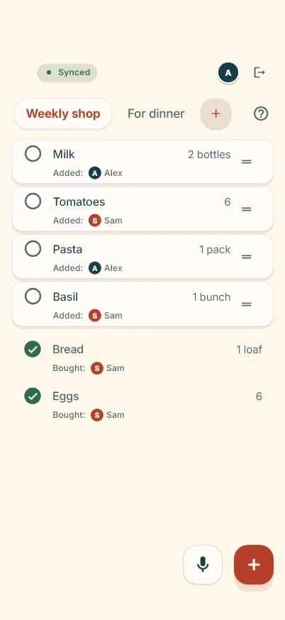 Konbi shopping screen showing list tabs, item check circles, profile and question-mark Help.