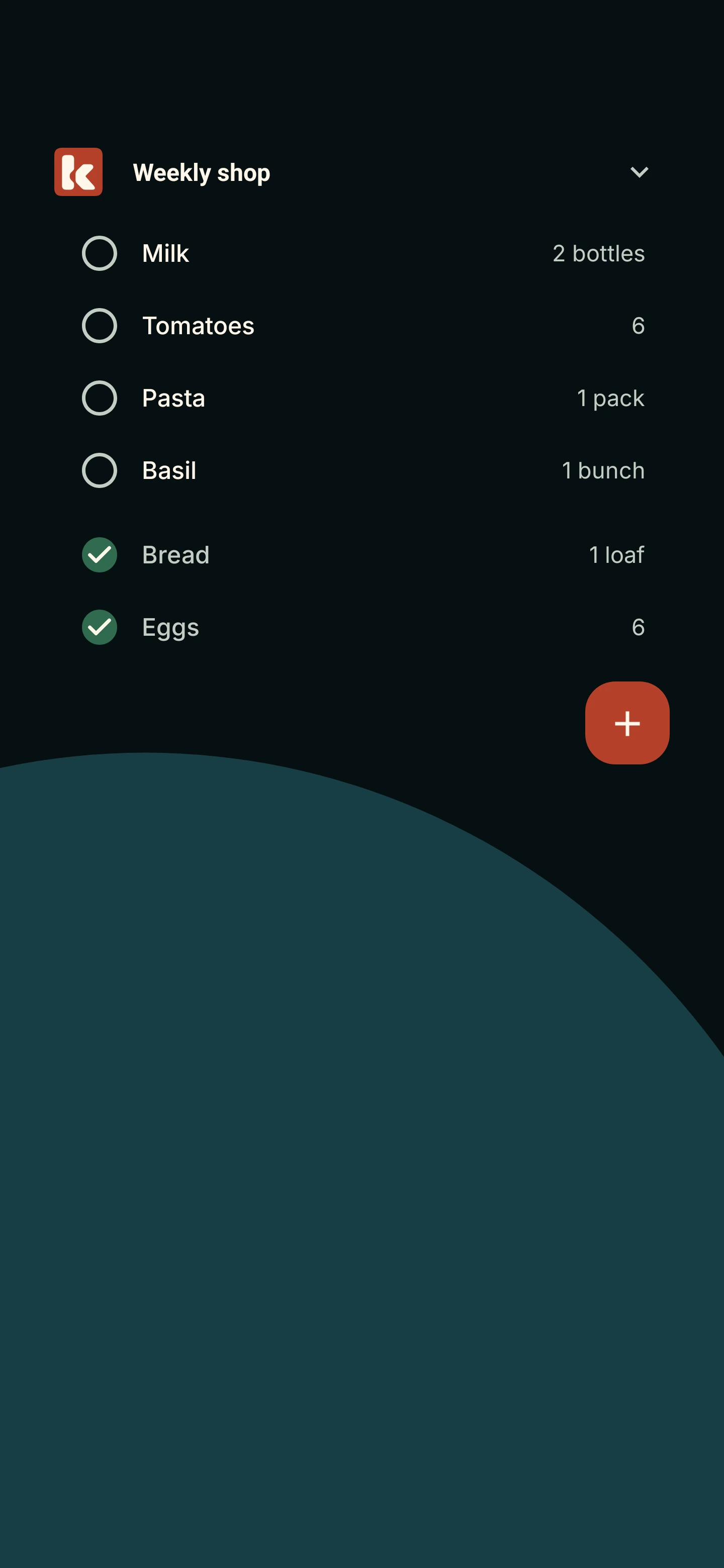 Native Android Konbi shopping-list widget with transparent background and Light text.