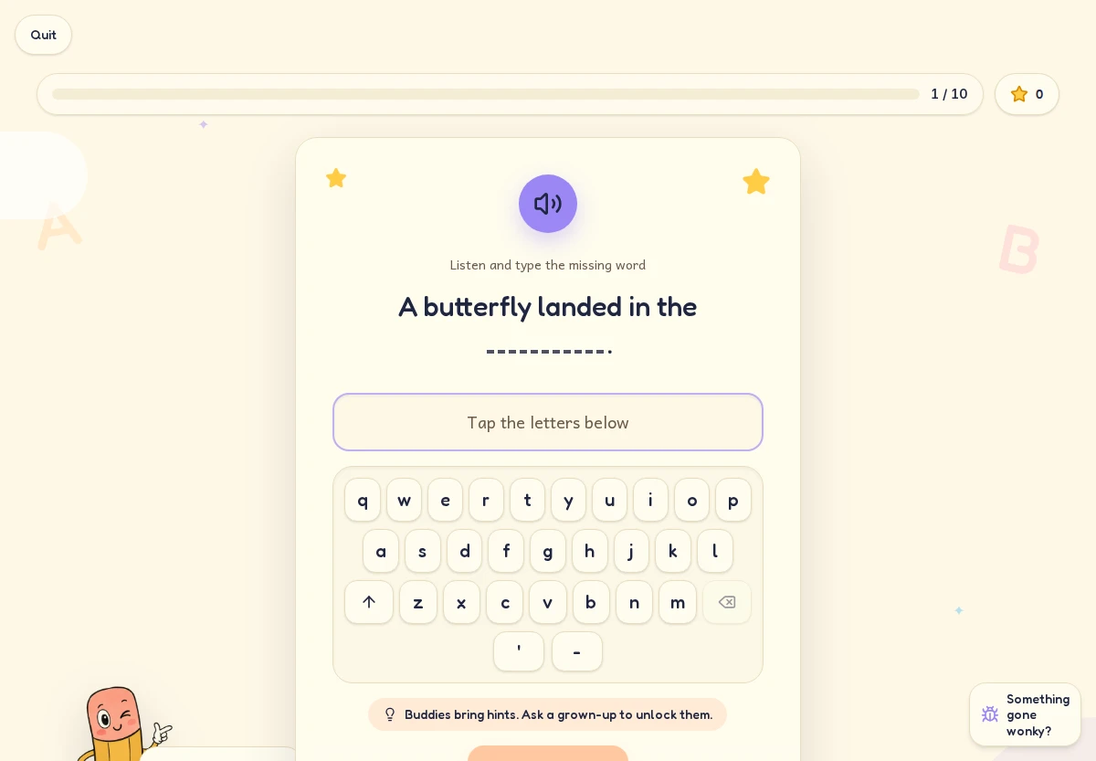 Spellito spelling practice screen with a sentence, answer box and on-screen spelling keyboard.