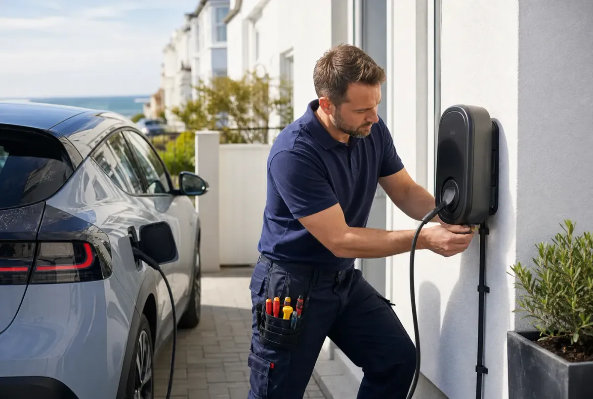 A tradesperson fitting an EV charger outside a home