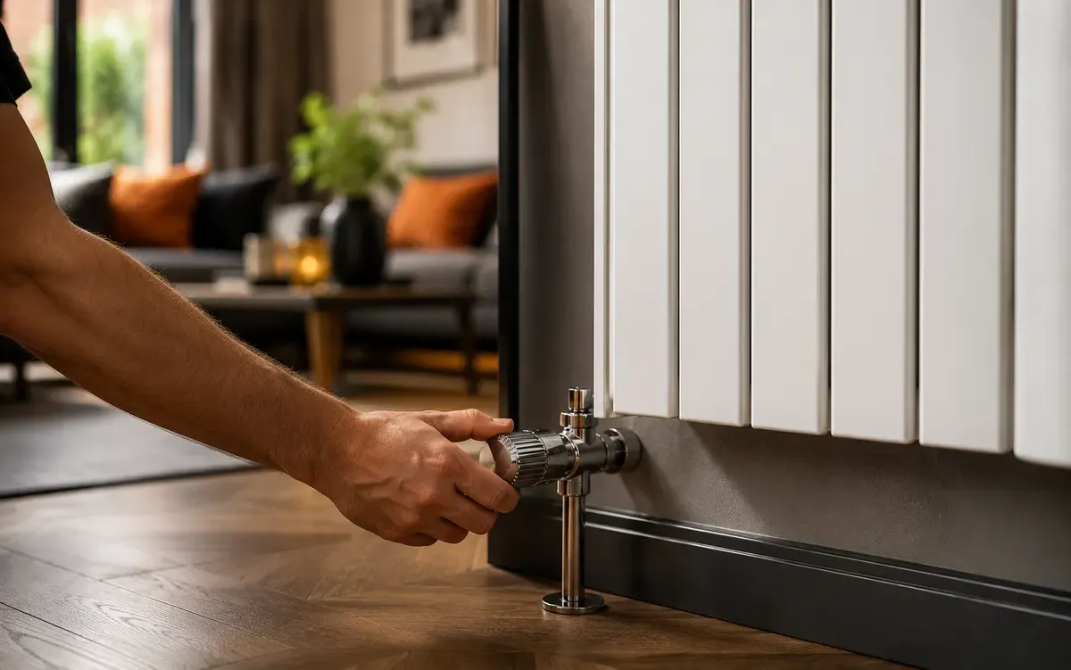 A heating engineer adjusting a radiator in a home