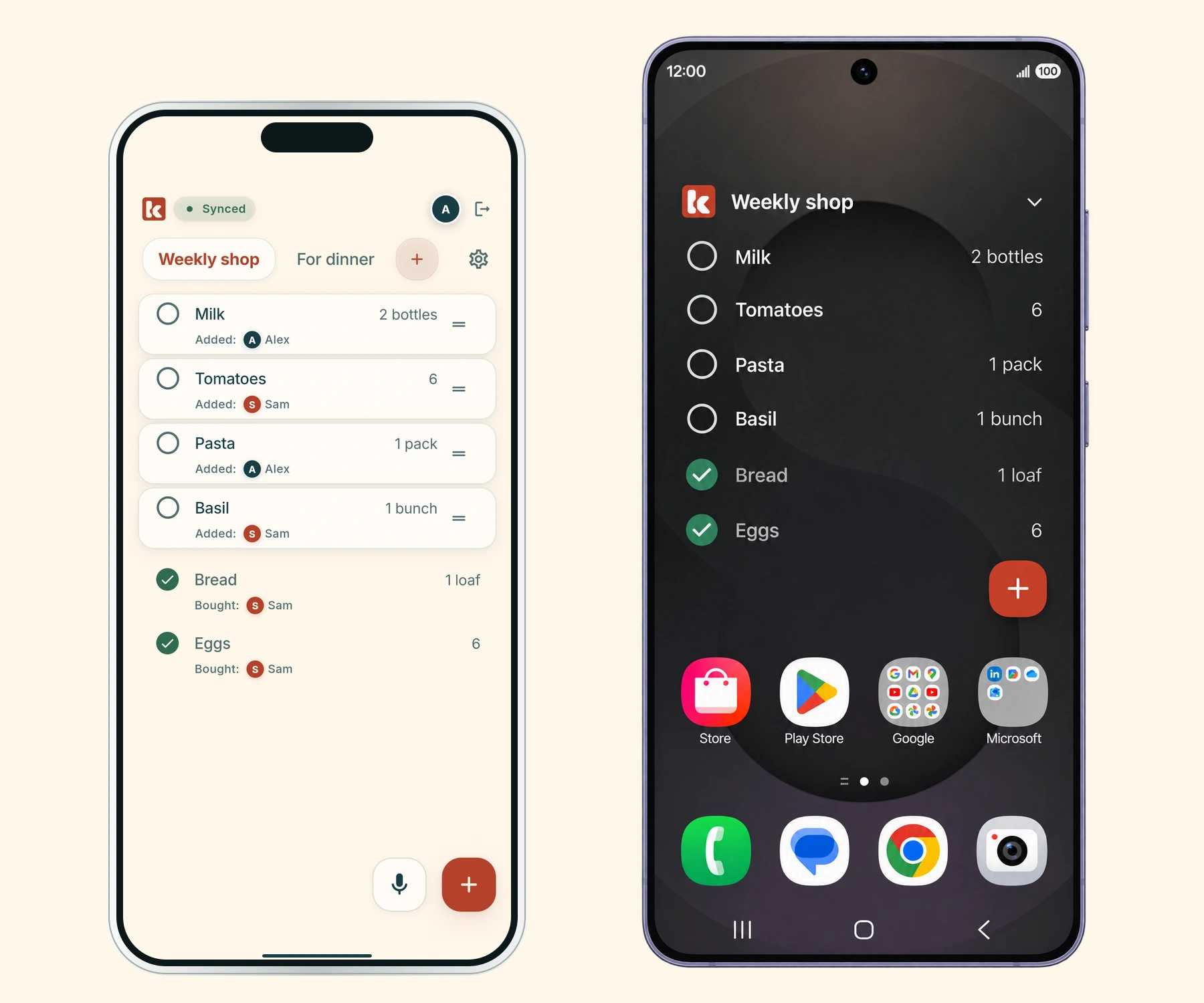 Konbi shopping list app beside an Android home-screen preview with a transparent list widget, status bar and app dock.